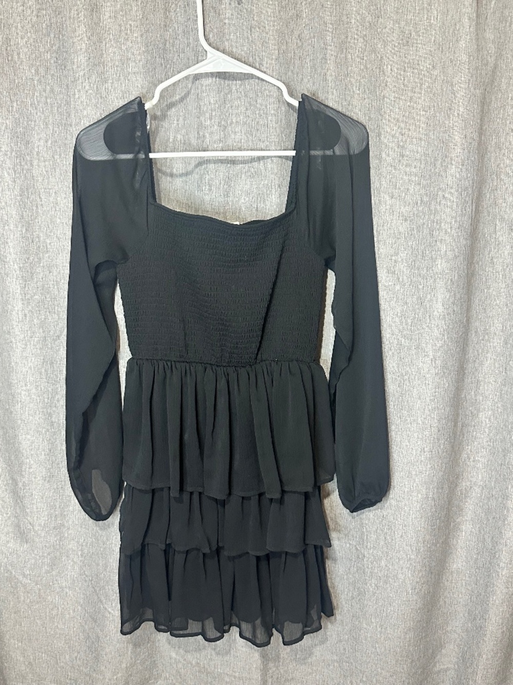 Steve Madden Black Smocked Tiered Ruffle Mini Dress Sheer Long Sleeve M